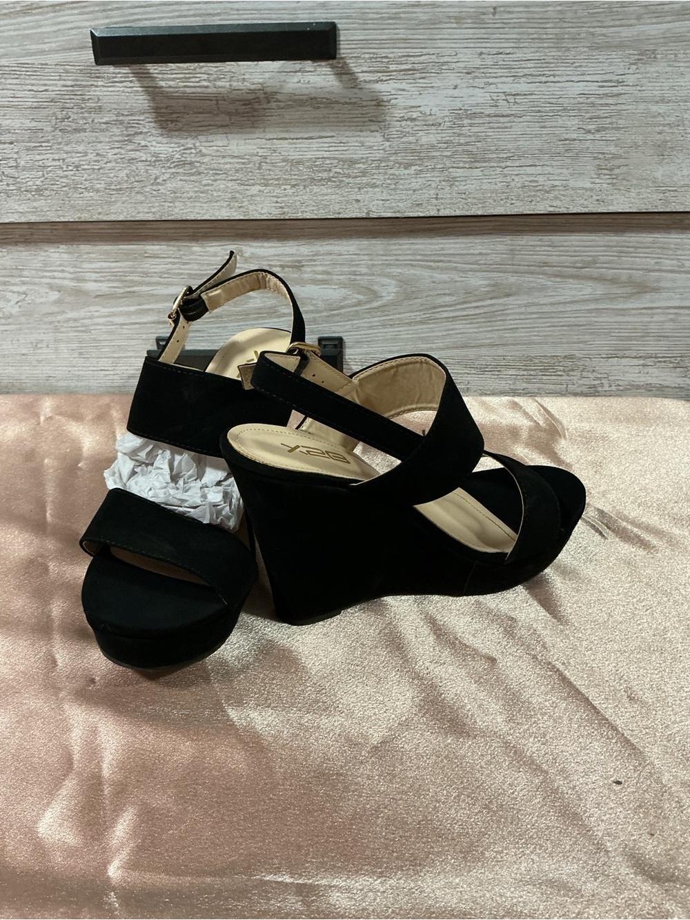 Women's Black Suede Wedge Sandals with Ankle Strap
